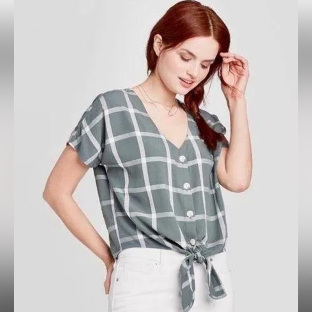 Universal Thread Green Windowpane Button Up Tie Front Top